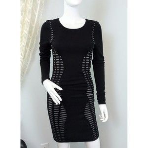 Express Cut Out Dress Sz S Black Bodycon Shaping Mini Long Sleeve Knit Dress